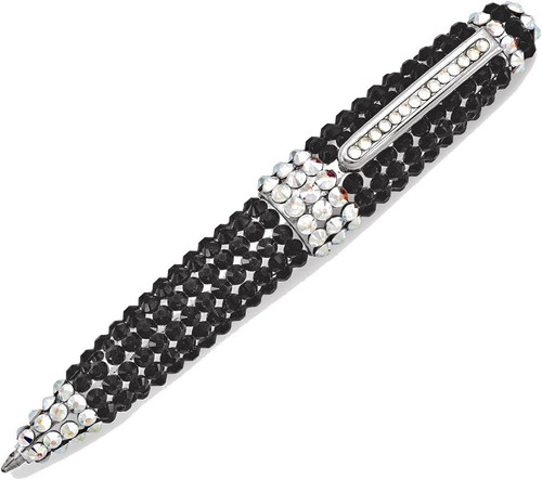 Black and Silver Swarovski Crystal Retractable Black Ink Ballpoint Pen with Pen Pouch