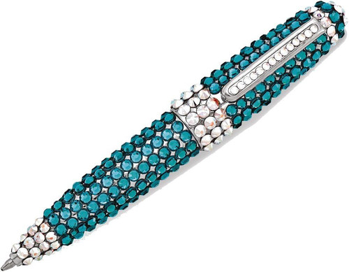 Turquoise and Silver Swarovski Crystal Retractable Black Ink Ballpoint Pen with Pen Pouch