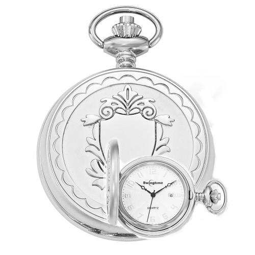 Swingtime Engravable Chrome Brass Swiss Quartz Date Mens Pocket Watch