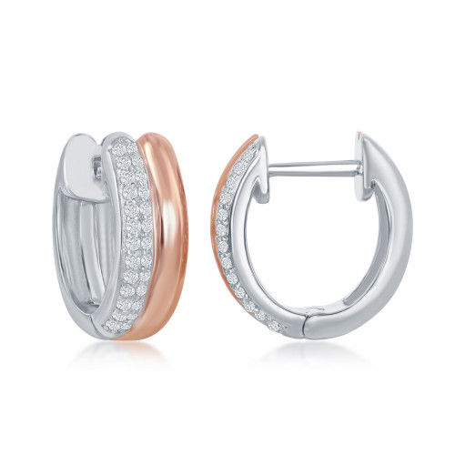 Sterling Silver and Rose Gold Plated Micro Paved CZ Double Hoop Earrings Sterling Silver and Rose Gold Plated Micro Paved CZ Double Hoop Earrings