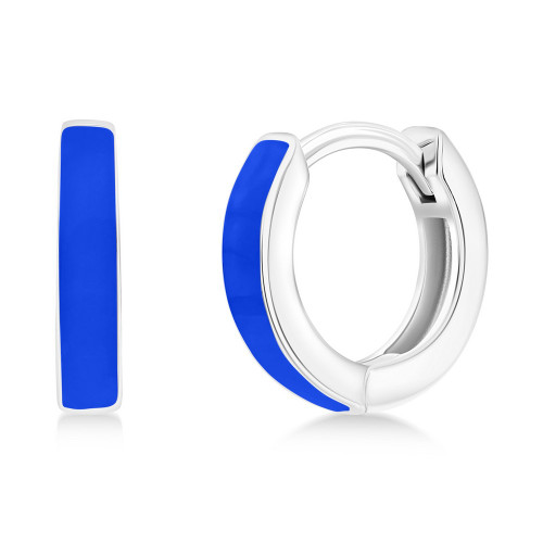 Sterling Silver Rhodium Plated 11mm Dark Blue Green Enamel Huggies / Hoop Earrings
