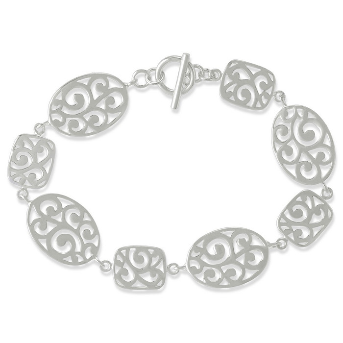 Sterling Silver 925 Oval and Rectangle Filigree Toggle Bracelet