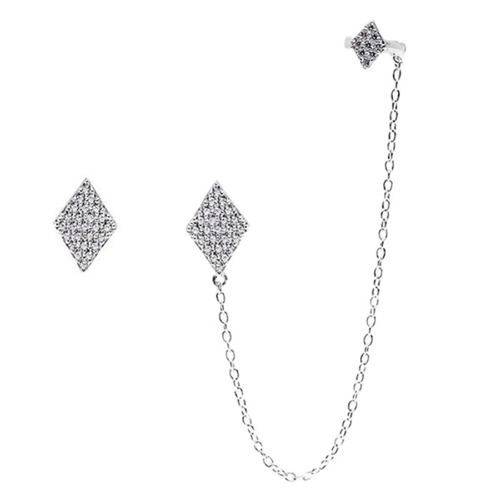 Sterling Silver 925 Micro Pave CZ Diamond Shaped Stud and Cuff Earrings