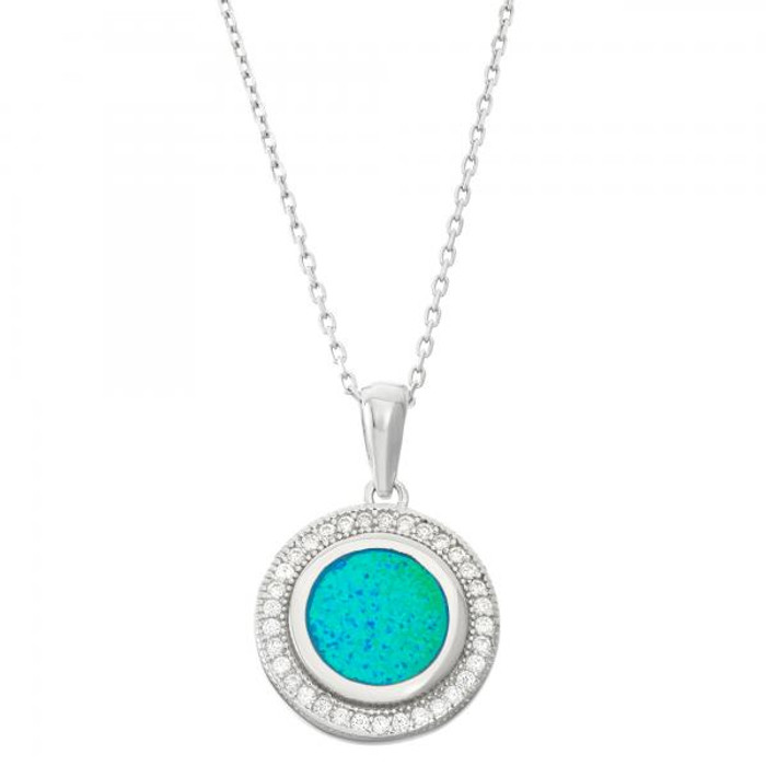 Sterling Silver 925 Created Opal Micro Pave CZ Pendant