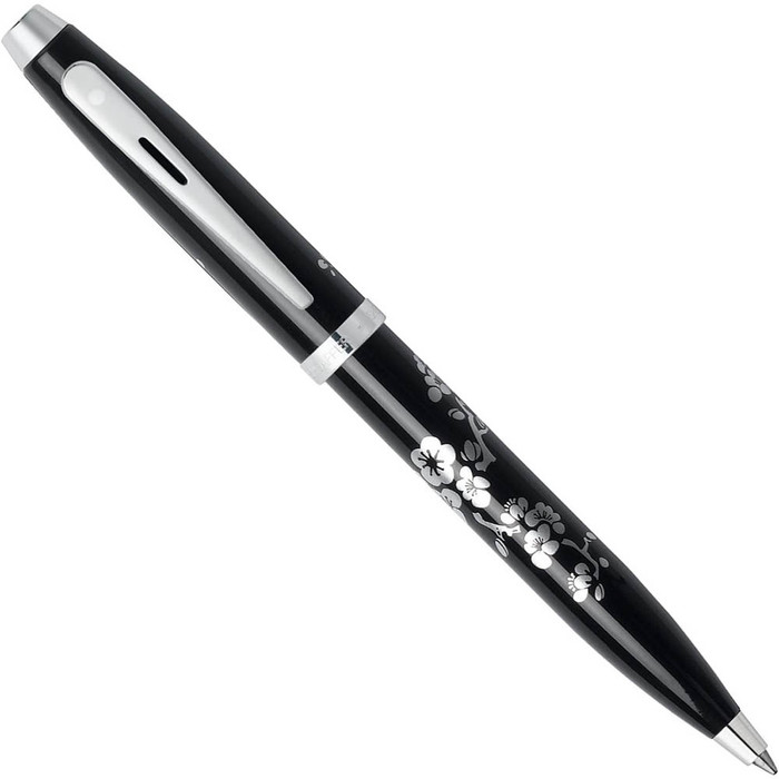 Sheaffer 100 Black Lacquer Silk Screened Flower Design Ballpoint Pen 9299-2