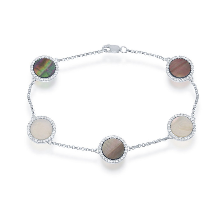  Sterling Silver Round Abalone with CZ Chain Bracelet