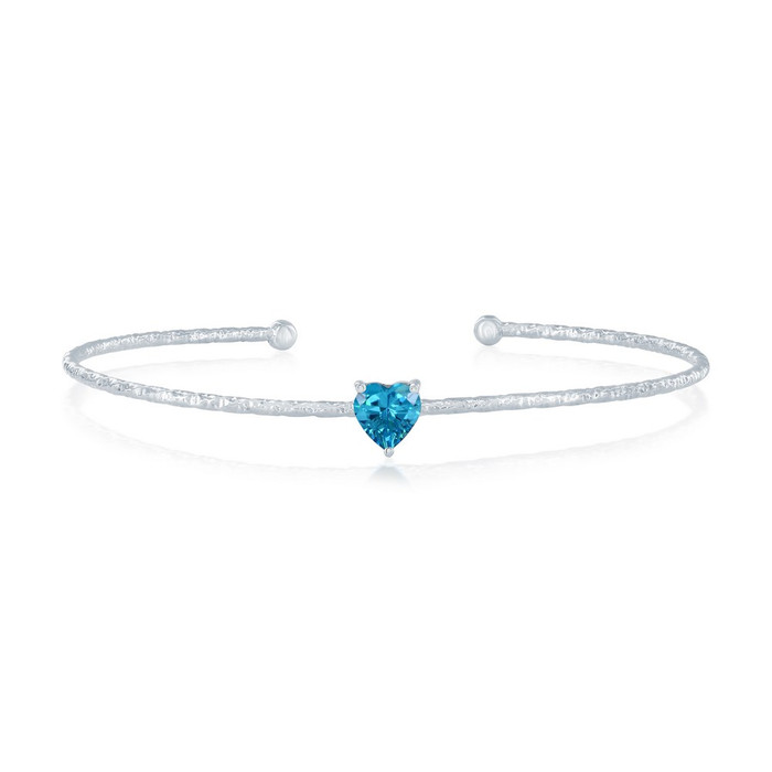 Sterling Silver March Birthstone Aquamarine CZ Heart Bangle Bracelet
