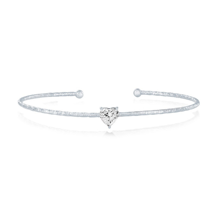 Sterling Silver April Birthstone White CZ Heart Bangle Bracelet
