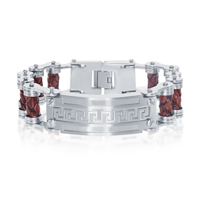 Stainless Steel Wide Brown Leather Bar Link Mens Bracelet