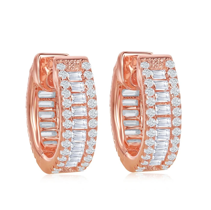 Sterling Silver Rose Gold Plated Baguette White CZ Small Huggie Hoop Earrings