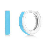 Sterling Silver Rhodium Plated 11mm Light Blue Enamel Huggies / Hoop Earrings