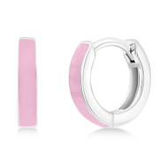 Sterling Silver Rhodium Plated 11mm Light Pink Enamel Huggies / Hoop Earrings