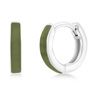 Sterling Silver Rhodium Plated 11mm Sage Green Enamel Huggies / Hoop Earrings