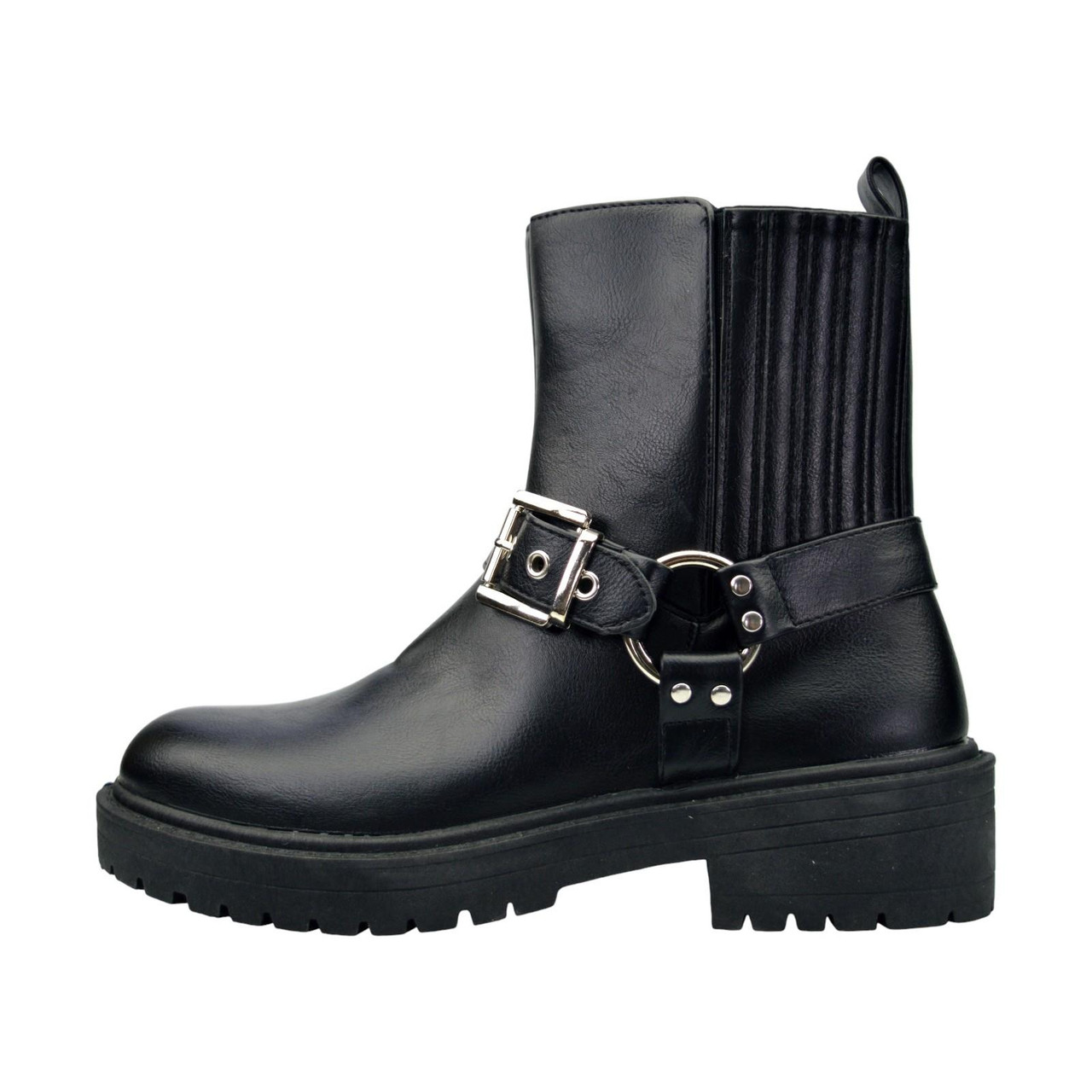 Womens Ankle Boots Zip Buckle Biker Faux Leather