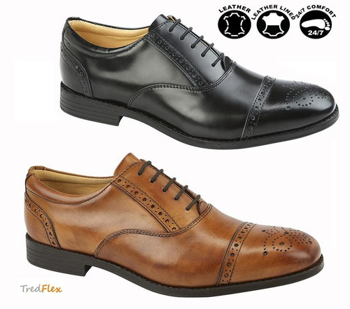 Black men's leather brogue Oxford shoe — front view, Tredflex comfort