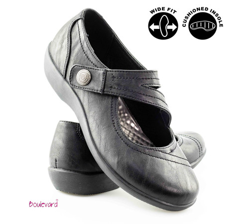 Women's Extra Wide Fit EE Black Touch Fastening Bar Shoes
