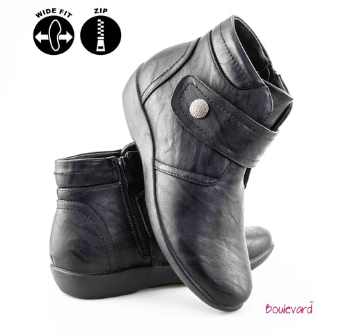 Women's Extra Wide Fit EE Black Zip Ankle Boots