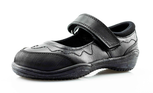 Girls' Black Leather Velcro Brogue School Shoes with Toe Guard