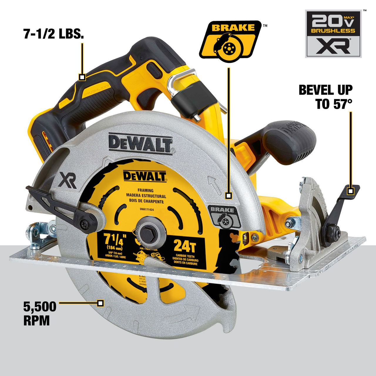 DEWALT DCS590B 20V XR 7-1/4" Cordless Circular Saw - Brushless, Tool Only