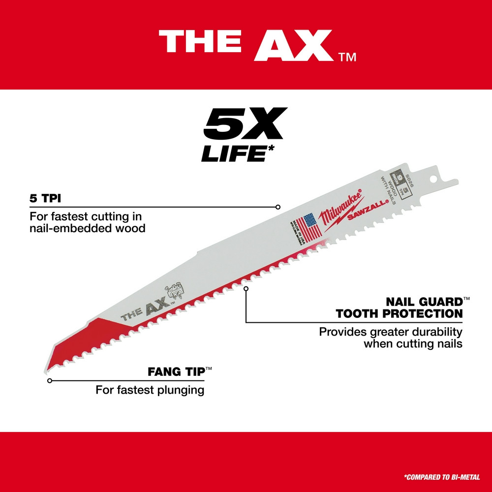 Milwaukee 48-01-7026 Sawzall Blades - 100 Pack, 5 TPI, Bi-Metal For Wood & Nails | The AX Series, Demolition & Construction