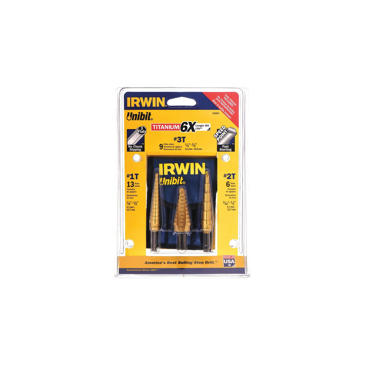 Irwin Unibit 1T Step Drill Bit – 1/8" To 1/2" (13 Sizes), Titanium Nitride Coated, 1/4" Hex Shank, Single Flute Design