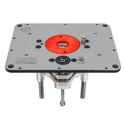 Rout-R-Lift II 02314 top plate view showing Tab-Loc insert opening, cam lock and scale