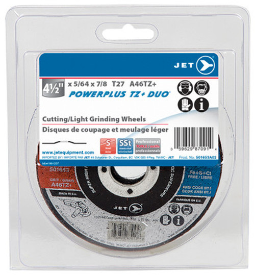 Jet 501653A02 - 4-1/2 x 5/64 x 7/8 POWER-XTREME DUO T27 Cutting and Light Grinding Wheel - Clamshell Package