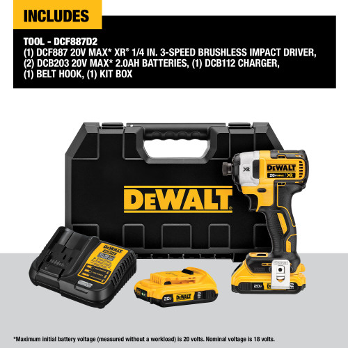 DEWALT DCF887D2 - 20V MAX Li-Ion XR 3 Speed 1/4" Impact Driver (2.0Ah) W/ 2 Batteries And Kit Box