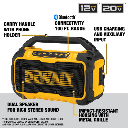 DEWALT DCR010 - 20V/12V MAX Job Bluetooth Speaker (Tool Only)
