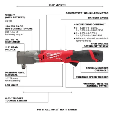 Milwaukee 2565-22 - M12 FUEL 1/2" Right Angle Impact Wrench Kit