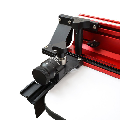 JessEm Micro Adjuster Mounting Bracket 04551 with Micro Adjuster attached, angled view on fence