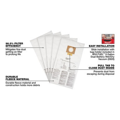 Milwaukee 49-90-1989 - Fleece Dust Bags (5PK) - 9 Gallon