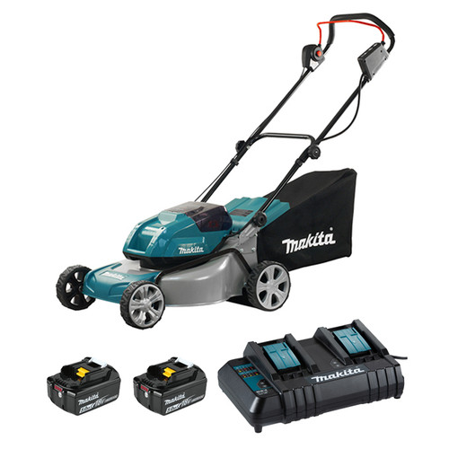 Makita 18V X2 (36V) cordless lawn mower kit with two batteries and dual-port charger, product image