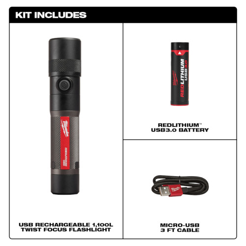 Milwaukee 2161-21 - USB Rechargeable 1100L Twist Focus Flashlight