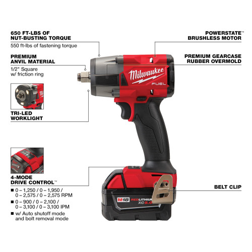 Milwaukee 2962-22R - M18 FUEL 1/2" Mid-Torque Impact Wrench w/ Friction Ring Kit