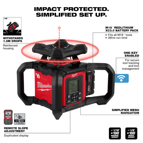 Milwaukee 3704-21 - M18 Red Exterior Dual Slope Rotary Laser Level Kit w/ Receiver & Remote