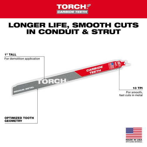 Milwaukee 48-00-5253 - SAWZALL Blade - 12" 10TPI The TORCH with Carbide Teeth for Medium Metal 1 PK