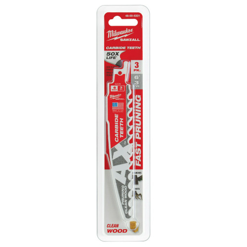 Milwaukee 48-00-5331 - SAWZALL Blade - 6" 3 TPI The AX with Carbide Teeth for Pruning & Clean Wood  3 PK