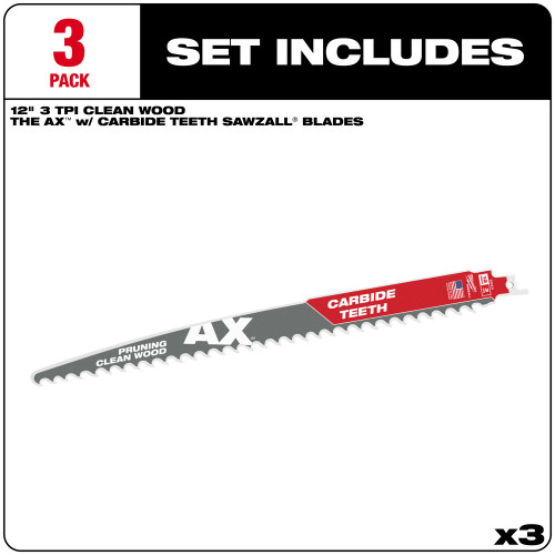 Milwaukee 48-00-5333 - SAWZALL Blade - 12" 3 TPI The AX with Carbide Teeth for Pruning & Clean Wood  3 PK