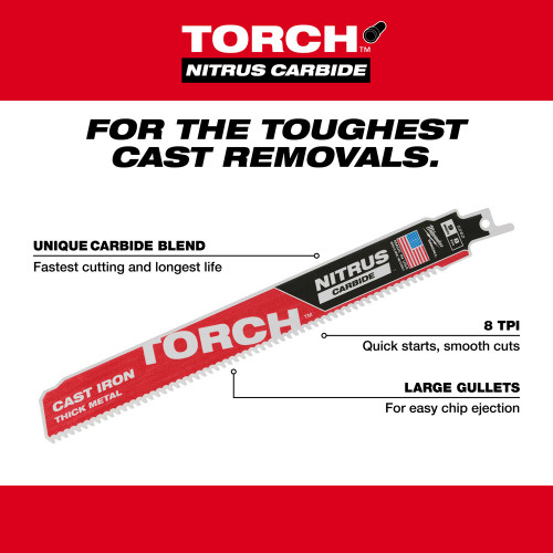 Milwaukee 48-00-5563 - SAWZALL Blade - 12" 7TPI The TORCH for CAST IRON with NITRUCARBIDE 5 PK
