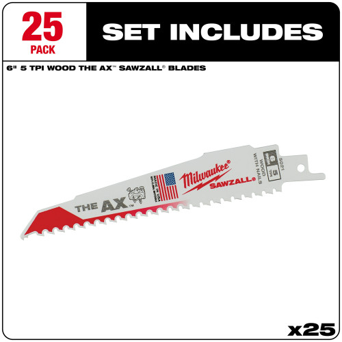 Milwaukee 48-00-8021 - SAWZALL Blade - 6 in. 5 TPI The AX  25 Pack
