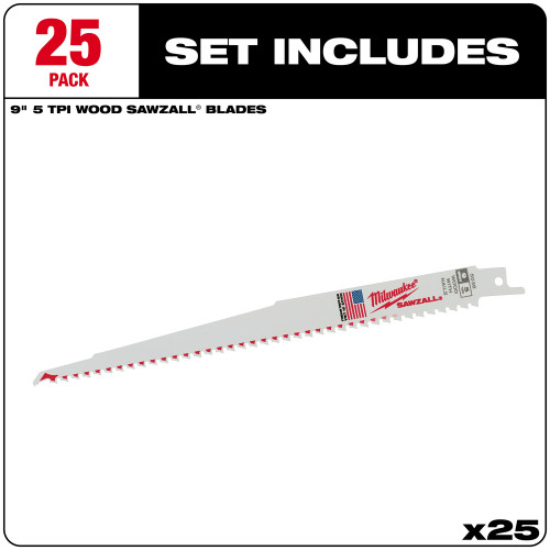 Milwaukee 48-00-8036 - SAWZALL Blade - 9 in. 5 TPI 25 Pack