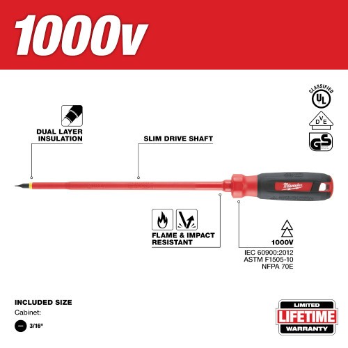 Milwaukee 48-22-2233 - 3/16 in. Cabinet - 8 in. 1000 V Insulated Screwdriver
