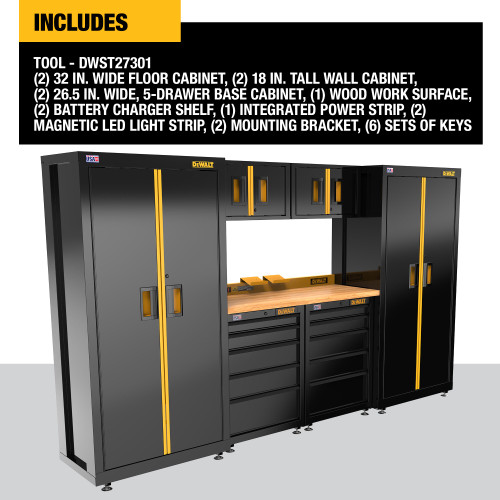 DEWALT DWST27301 - 126 In. Wide, 7 Piece Welded Storage Suite With 2, 5-Drawer Base Cabinets And Wood Top