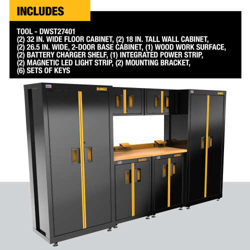 DEWALT DWST27401 - 126 In. Wide, 7 Piece Welded Storage Suite With 2, 2-Door Base Cabinets And Wood Top
