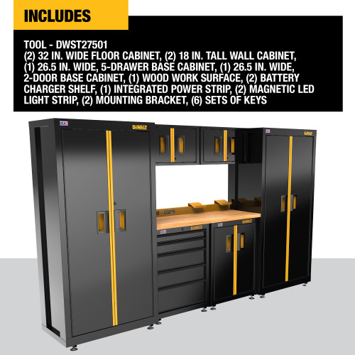 DEWALT DWST27501 - 126 In. Wide, 7 Piece Welded Storage Suite With 2-Door And 5-Drawer Base Cabinets And Wood Top