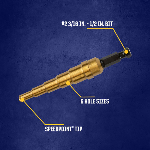 Irwin 15102ZR - Unibit 2T Shank Step Drill Bit, Titanium Nitride Coated 3/16" To 1/2" By 1/4" Shank Step Drill Bit (15102)