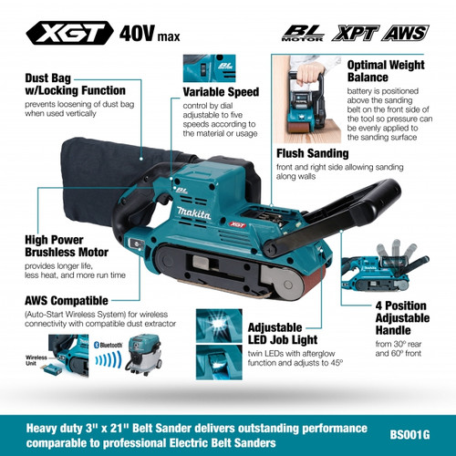 Makita BS001GZ - 40V Max XGT Brushless 3" X 21" Belt Sander, Tool Only