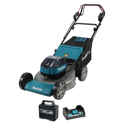 Makita 64Vmax cordless self-propelled lawn mower kit with battery and charger, product image on white background