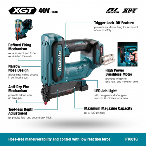 Makita PT001GA102 - 40V Max XGT Brushless 1-3/8" 23 Ga Pin Nailer, 2.0Ah Single Battery Kit